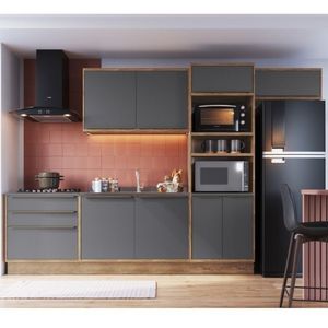Cozinha Modulada Viena 5 Peças 2 Balcão De Cozinha 2 Armários Aéreos 1 Torre Quente Edez Louro Freijó/cinza