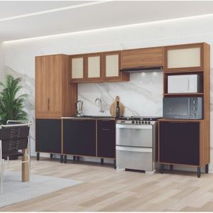 Conjunto De Cozinha Modulada 1 Balcão 2 Paneleiro 2 Armário Aéreo Sul Moveis Sul Nogal Manchester/preto