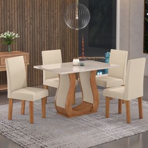 Conjunto Sala De Jantar Mesa Inovare 120x80cm Tampo Vidro/mdp Com 4 Cadeiras Venus Viero Móveis Mel/off White/bege