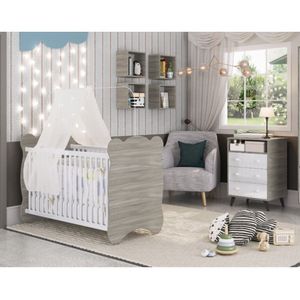 Quarto De Bebê Completo Com 1 Berço E 1 Cômoda Panda Móveis Percasa Fresno/branco