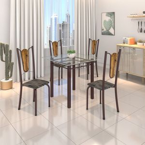 Conjunto De Mesa Tubular 75X75Cm Tampo De Vidro Com 4 Cadeiras Júlia Soma Móveis Riscas/Cacau/Incolor