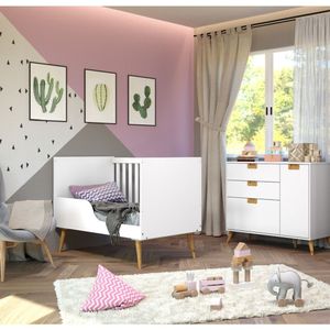 Quarto De Bebê Completo 1 Berço Com 1 Cômoda 3 Gavetas Caring Serpil Baby Branco/Carvalho