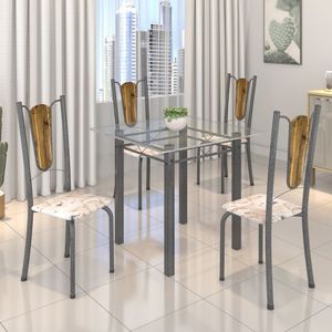 Conjunto De Mesa Tubular 75X75Cm Tampo De Vidro Com 4 Cadeiras Júlia Soma Móveis Botanic Bege/Prata/Incolor
