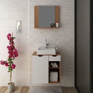 Conjunto Para Banheiro 2 Peças 1 Gabinete 1 Porta 1 Espelheira 1 Prateleira Bn3610 Tecno Mobili Amêndoa/branco