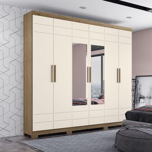 Guarda Roupa Solteiro Com Espelho 6 Portas 3 Gavetas Belmon Henn Nature/off White