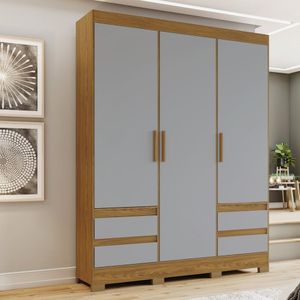 Guarda Roupa Solteiro Com Espelho 3 Portas 4 Gavetas Lema Briz Nature/cinza