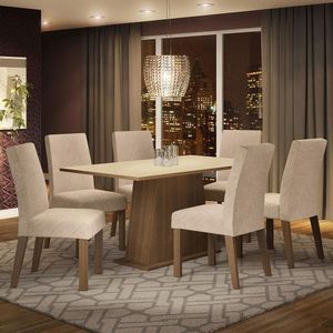 Mesa Tampo De Madeira Com 6 Cadeiras Rustic/crema/imperial