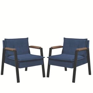 Kit 2 Poltrona Fortaleza Veludo Azul Base Em Metal Preto