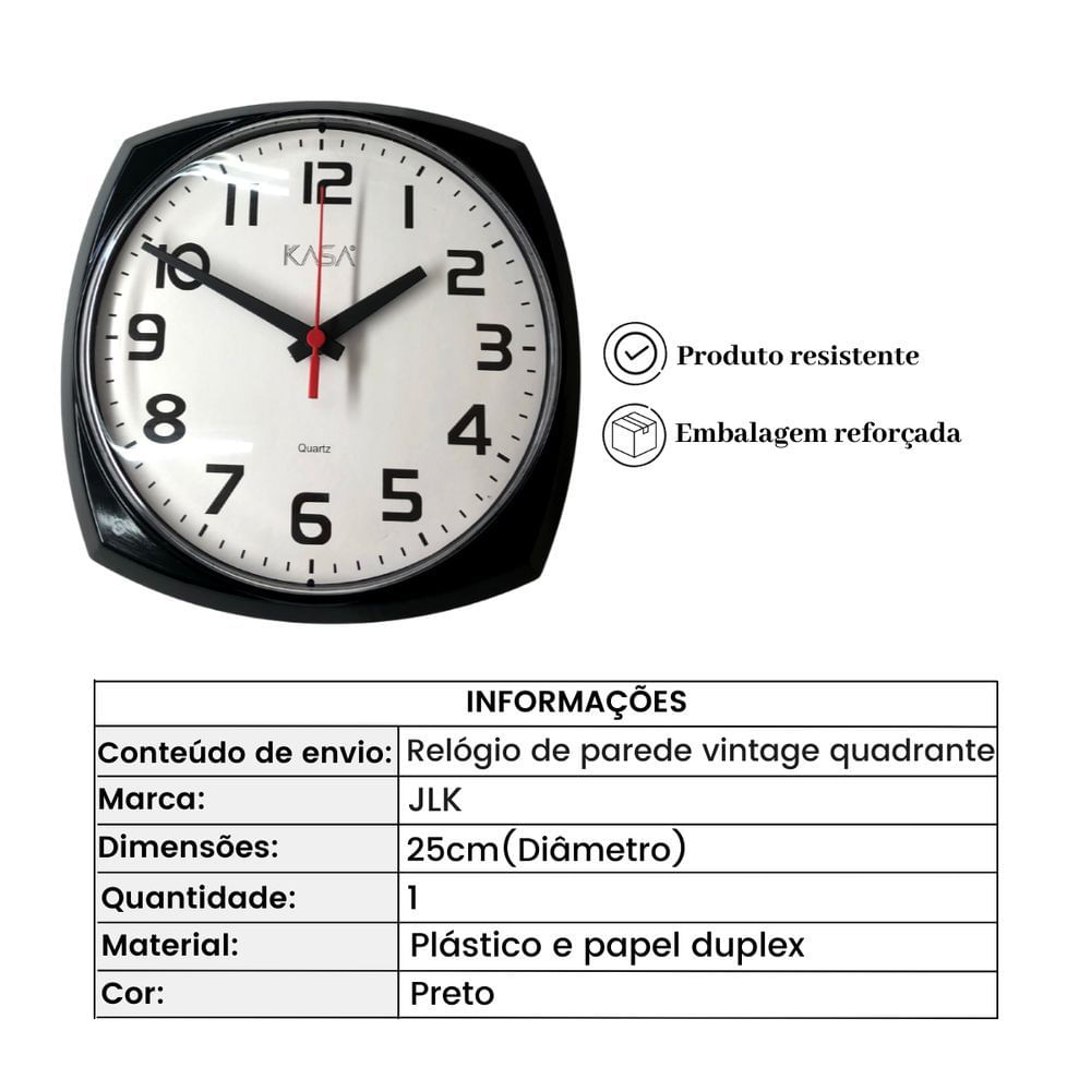 Relógio Parede Preto 25x25cm, TC9084-B-E