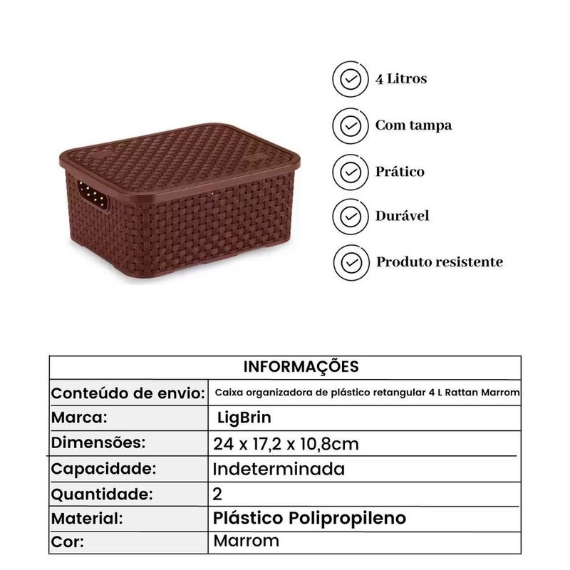 Kit 4 Caixas Organizadoras Rattan 15 Litros Cesto Média