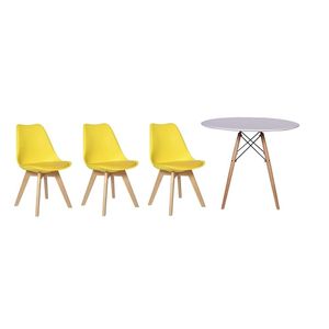 Kit Mesa Jantar Eiffel 120cm Branca + 03 Cadeiras Leda Amarela