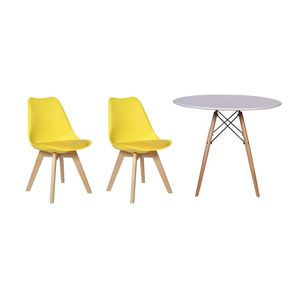 Kit Mesa Jantar Eiffel 80cm Branca + 02 Cadeiras Leda Amarela