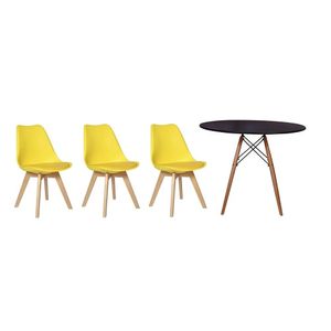 Kit Mesa Jantar Eiffel 80cm Preta + 03 Cadeiras Leda Amarela