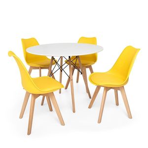 Kit Mesa Jantar Eiffel 120cm Branca + 04 Cadeiras Leda Amarela