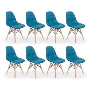 Kit 08 Cadeiras Dkr Charles Eames Wood Estofada Botonê Turquesa
