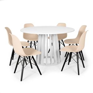 Conjunto Mesa 120cm Branca Com 6 Cadeiras Base Preta - Nude