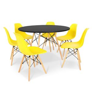 Kit Mesa Jantar Eiffel 120Cm Preta + 6 Cadeiras Charles Eames - Amarela