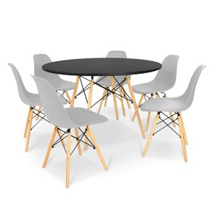 Kit Mesa Jantar Eiffel 120Cm Preta + 6 Cadeiras Charles Eames - Cinza
