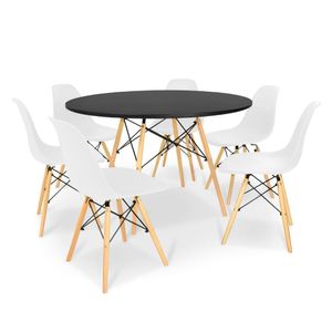 Kit Mesa Jantar Eiffel 120Cm Preta + 6 Cadeiras Charles Eames - Branca
