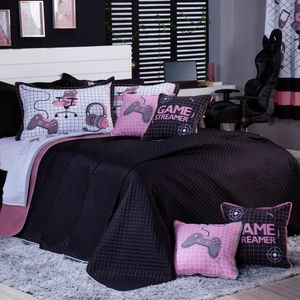 Kit Cobre Leito Game Streamer Rosê Dupla Face King 07 Peças