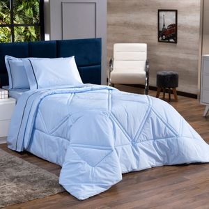 Kit Edredom Liso Milano Dupla Face Solteiro 02 Cor Azul