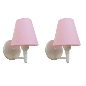Kit 2 Arandela Cone Branco Tecido 14/14x07 Rosa Bebê Bivolt