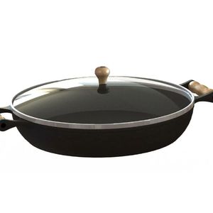 Frigideira Ferro Fundido com Tampa Vidro Alças Madeira 28Cm