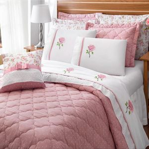 Cobre Leito Queen Tecido Matelado Kit 7 Peças Athena Rosê