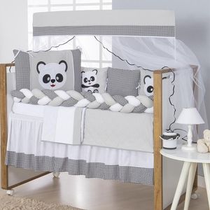 Kit Berço 13 Peças Tecido Misto Trança Panda Cinza