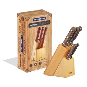 Kit 6 Facas Polywood Inox/Madeira Castanho Suporte Madeira