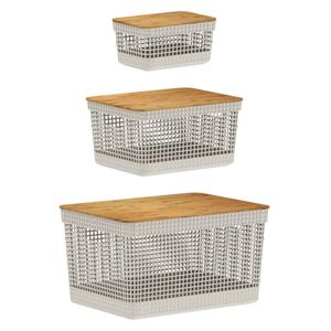 Kit De Cesto Organizador Grid Bege Com Tampa De Bambu 03 Peças