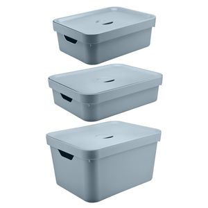 Kit De Caixa Organizadora Cube Com Tampa Azul Glacial 03 Peças