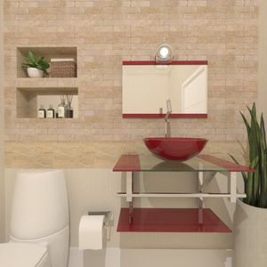Gabinete de Vidro 60cm com Cuba Redonda Vermelho Cereja
