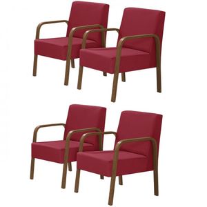 Kit 4 Poltronas 1 Lugar Jade Braço Madeira Vermelho