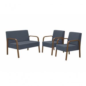 Conjunto Poltrona Luna Braço Madeira D Salla Suede Azul Bic