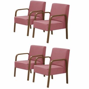 Kit 4 Poltronas 1 Lugar Luna Braço Madeira D Salla Rosa