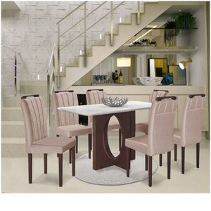Conjunto Sala De Jantar Mesa Barcelona E 6 Cadeiras Juliana Veludo Nude Móveis Mix Off White