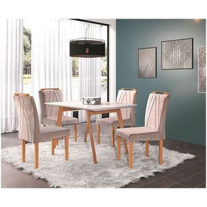 Conjunto Sala De Jantar Mesa Slim Pé Palito E 4 Cadeiras Veludo Safira Móveis Mundial Off White