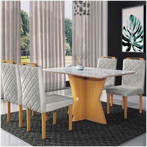 Conjunto Sala De Jantar Mesa 4 Cadeiras Esmeralda - Móveis Mix Marrom Acinzentado
