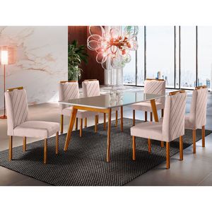 Conjunto Sala De Jantar 6 Lugares Mesa Slim E Cadeiras Em Veludo Móveis Mix Mel/off-white/nude