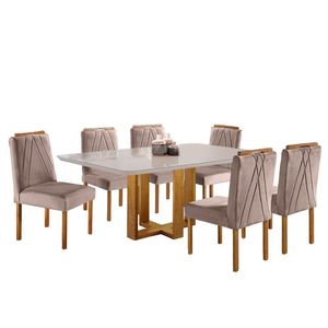 Conjunto Sala De Jantar 6 Lugares Mesa Lisy E 6 Cadeiras Safira Veludo Nude - Móveis Mix Mel Off White E Nude
