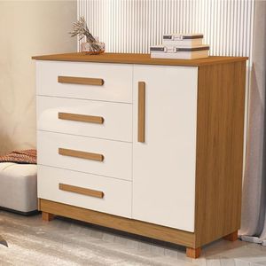 Comoda Grecia Quarto 4 Gavetas 1 Porta E Pés Madeira Maciça Nature/Off White Nature/Off White