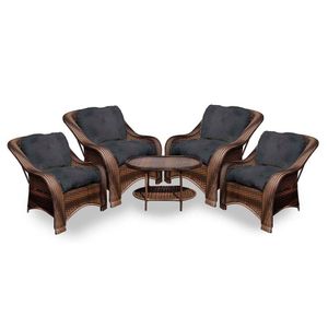 Conjunto De Poltronas Fibra Sintética Melo - 4 Poltronas + 1 Mesa Centro - Tecido Duna Preto