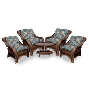 Conjunto De Poltronas Fibra Sintética Melo - 4 Poltronas + 1 Mesa Centro - Tecido Palmares Petróleo