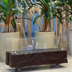 Lareira Ecológica No Dormente Com Rodinhas E Queimador Em Ferro - 1,4m X 25 Cm - Osorno Com Vidros