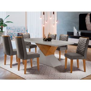Mesa Aster 180 Tampo Em Mdf Canto Reto Com 6 Cadeiras Liz Moderna Grafite, Off White E Imbuia
