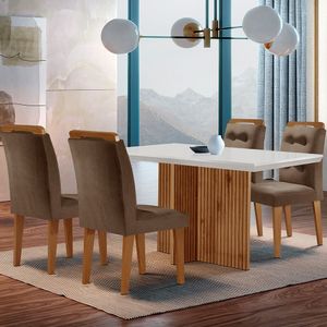 Sala De Jantar Mesa Olímpia 120cm Mdf Canto Reto Com 4 Cadeiras Carol Marrom, Off White E Imbuia