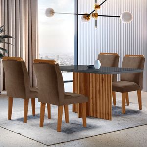 Sala De Jantar Mesa Olímpia 120cm Mdf Vidro Canto Copo Com 4 Cadeiras Marrom, Grafite E Imbuia