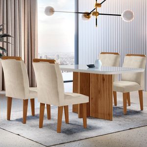 Sala de Jantar Mesa Olimpia 120cm MDF Vidro 4 Cadeiras Athenas Moderna Creme Off White Imbuia
