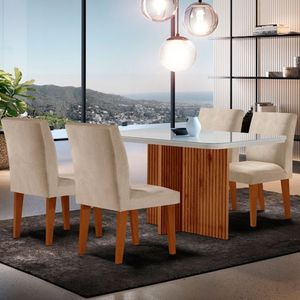 Sala De Jantar Mesa Olimpia 120 Mdf Vidro Canto Copo 4 Cadeiras Grecia Creme/off White/imbuia Ripado